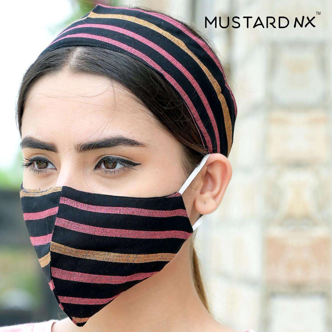 FASHION WITH SAFETY BY MUSTARD 01 TO 12 SERIES PURE RAYON DOUBLE LAYER NON SURGICAL PROTECTIVE MASK WITH RUBBER AND HAIR BAND AT WHOLESALE PRICE.