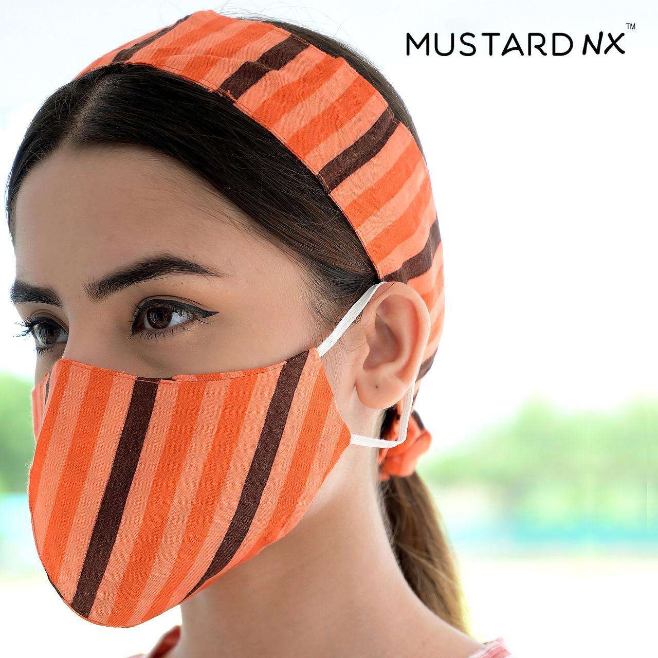 FASHION WITH SAFETY BY MUSTARD 01 TO 12 SERIES PURE RAYON DOUBLE LAYER NON SURGICAL PROTECTIVE MASK WITH RUBBER AND HAIR BAND AT WHOLESALE PRICE.