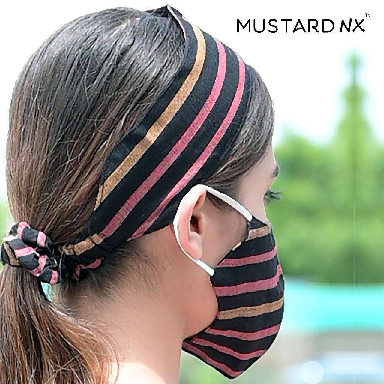 FASHION WITH SAFETY BY MUSTARD 01 TO 12 SERIES PURE RAYON DOUBLE LAYER NON SURGICAL PROTECTIVE MASK WITH RUBBER AND HAIR BAND AT WHOLESALE PRICE.