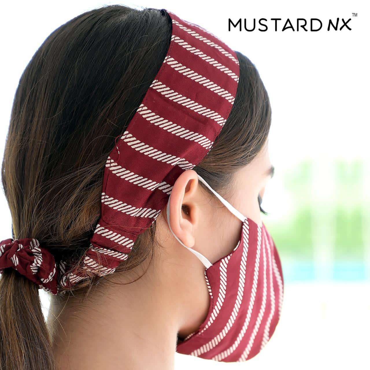 FASHION WITH SAFETY BY MUSTARD 01 TO 12 SERIES PURE RAYON DOUBLE LAYER NON SURGICAL PROTECTIVE MASK WITH RUBBER AND HAIR BAND AT WHOLESALE PRICE.