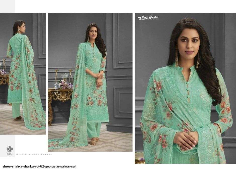 SHALIKA VOL-62 BY SHREE SHALIKA FASHION 2501 TO 2508 SERIES DESIGNER SUITS BEAUTIFUL STYLISH FANCY COLORFUL PARTY WEAR & OCCASIONAL WEAR PURE GEORGETTE EMBROIDERED DRESSES AT WHOLESALE PRICE