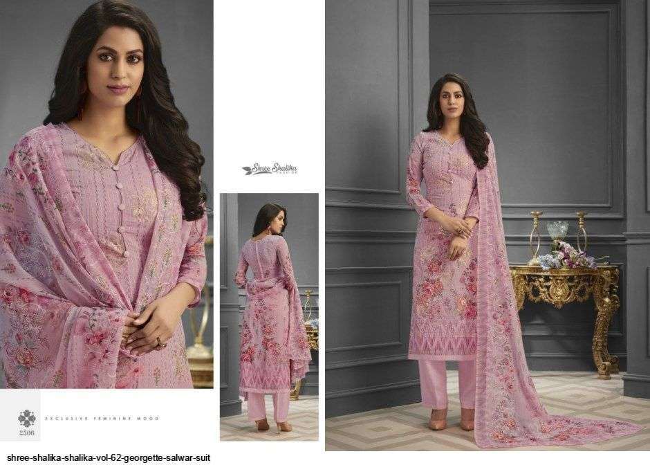 SHALIKA VOL-62 BY SHREE SHALIKA FASHION 2501 TO 2508 SERIES DESIGNER SUITS BEAUTIFUL STYLISH FANCY COLORFUL PARTY WEAR & OCCASIONAL WEAR PURE GEORGETTE EMBROIDERED DRESSES AT WHOLESALE PRICE