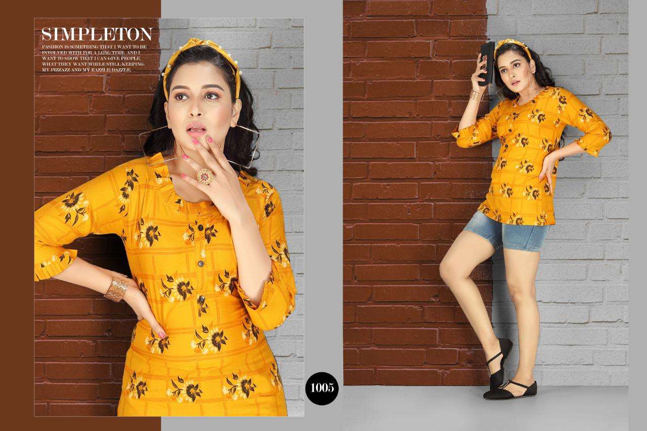 RITVIKA BY S S KURTIS 1001 TO 1008 SERIES BEAUTIFUL COLORFUL STYLISH FANCY CASUAL WEAR & ETHNIC WEAR & READY TO WEAR RAYON PRINTED TOPS AT WHOLESALE PRICE