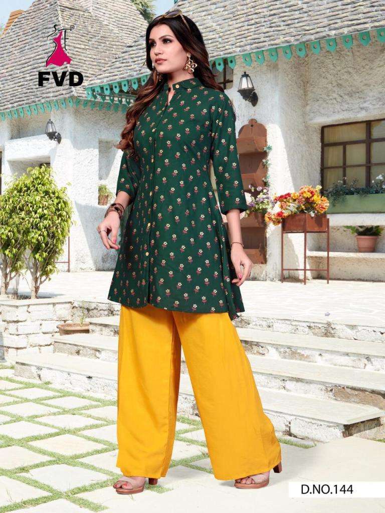 7 HORSE BY FVD 139 TO 144 SERIES STYLISH FANCY BEAUTIFUL COLORFUL CASUAL WEAR & ETHNIC WEAR RAYON PRINTED KURTIS WITH BOTTOM AT WHOLESALE PRICE