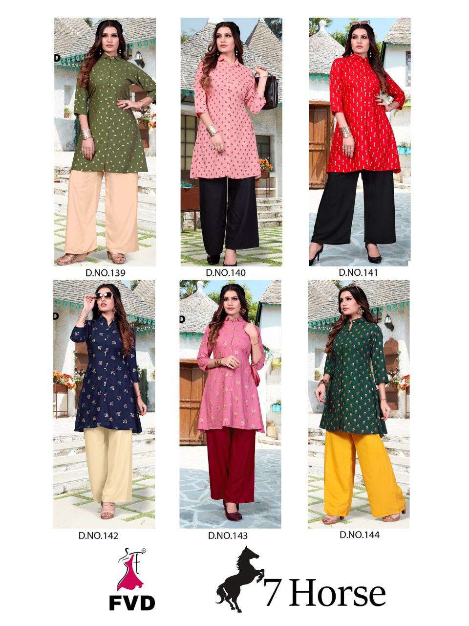 7 HORSE BY FVD 139 TO 144 SERIES STYLISH FANCY BEAUTIFUL COLORFUL CASUAL WEAR & ETHNIC WEAR RAYON PRINTED KURTIS WITH BOTTOM AT WHOLESALE PRICE