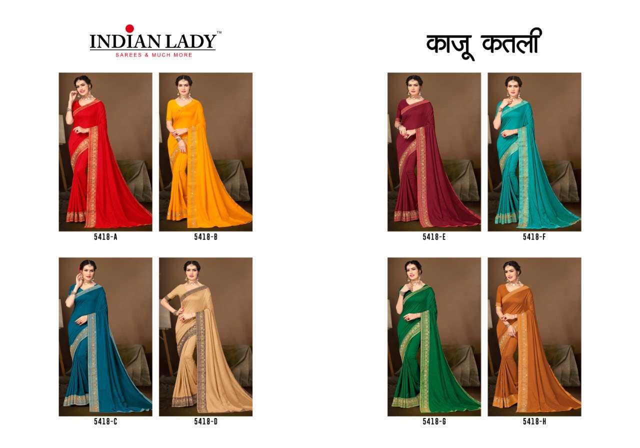 KAJU KATLI VOL-4 BY INDIAN WOMEN 5418-A TO 5418-H SERIES INDIAN TRADITIONAL WEAR COLLECTION BEAUTIFUL STYLISH FANCY COLORFUL PARTY WEAR & OCCASIONAL WEAR VICHITRA SILK SAREES AT WHOLESALE PRICE
