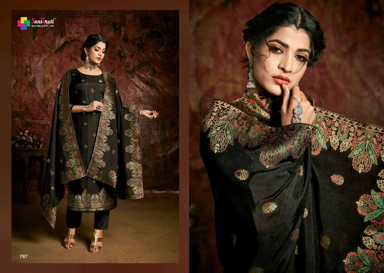 RUHANIYAT BY SANSKRUTI SILK MILLS 783 TO 789 SERIES BEAUTIFUL STYLISH SUITS FANCY COLORFUL CASUAL WEAR & ETHNIC WEAR & READY TO WEAR RUSSIAN MEENAKARI JACQUARD DRESSES AT WHOLESALE PRICE