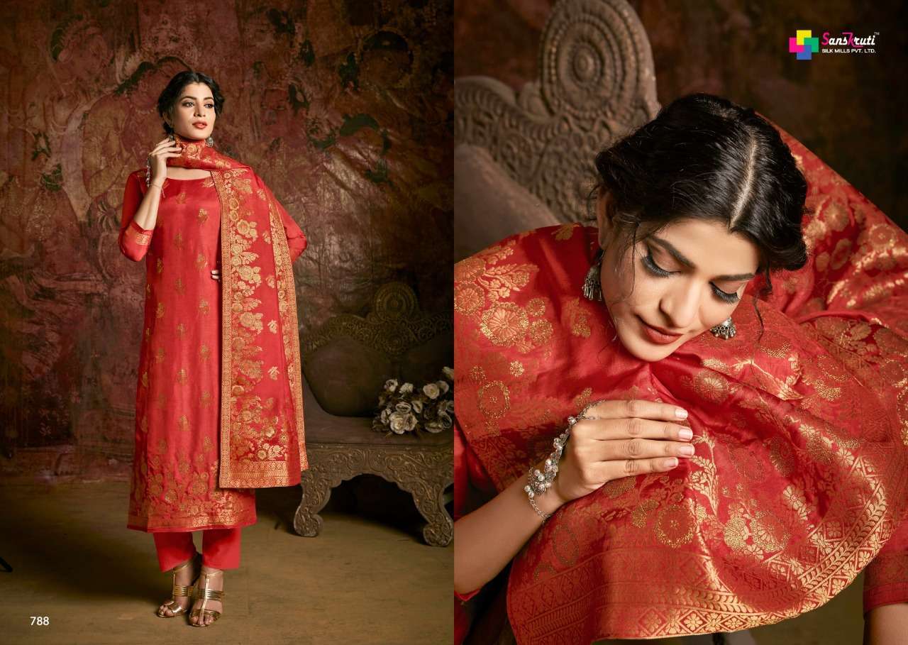 RUHANIYAT BY SANSKRUTI SILK MILLS 783 TO 789 SERIES BEAUTIFUL STYLISH SUITS FANCY COLORFUL CASUAL WEAR & ETHNIC WEAR & READY TO WEAR RUSSIAN MEENAKARI JACQUARD DRESSES AT WHOLESALE PRICE