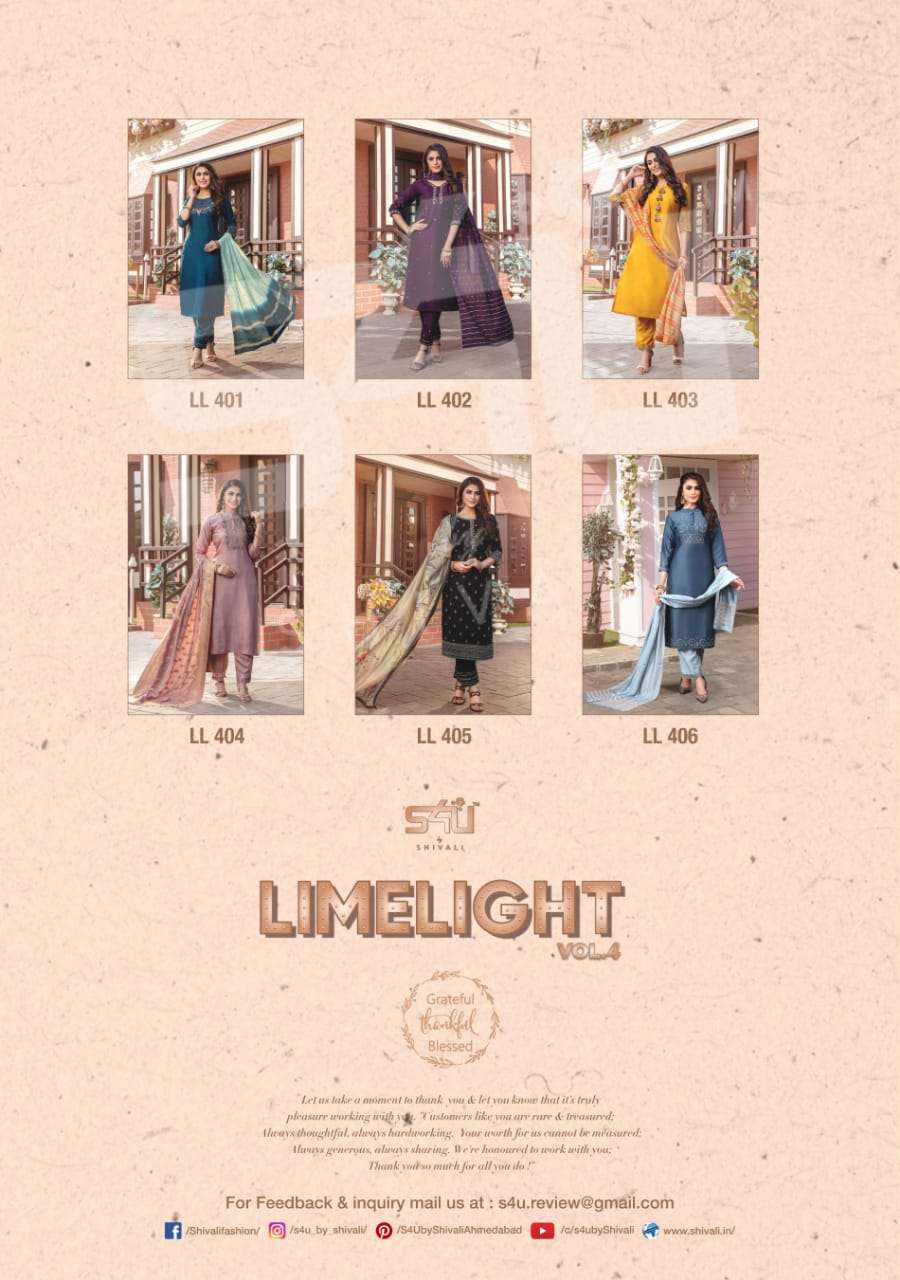 LIMELIGHT VOL-4 BY S4U FASHION 401 TO 406 SERIES DESIGNER SUITS COLLECTION BEAUTIFUL STYLISH FANCY COLORFUL PARTY WEAR & OCCASIONAL WEAR SILK PRINTED DRESSES AT WHOLESALE PRICE