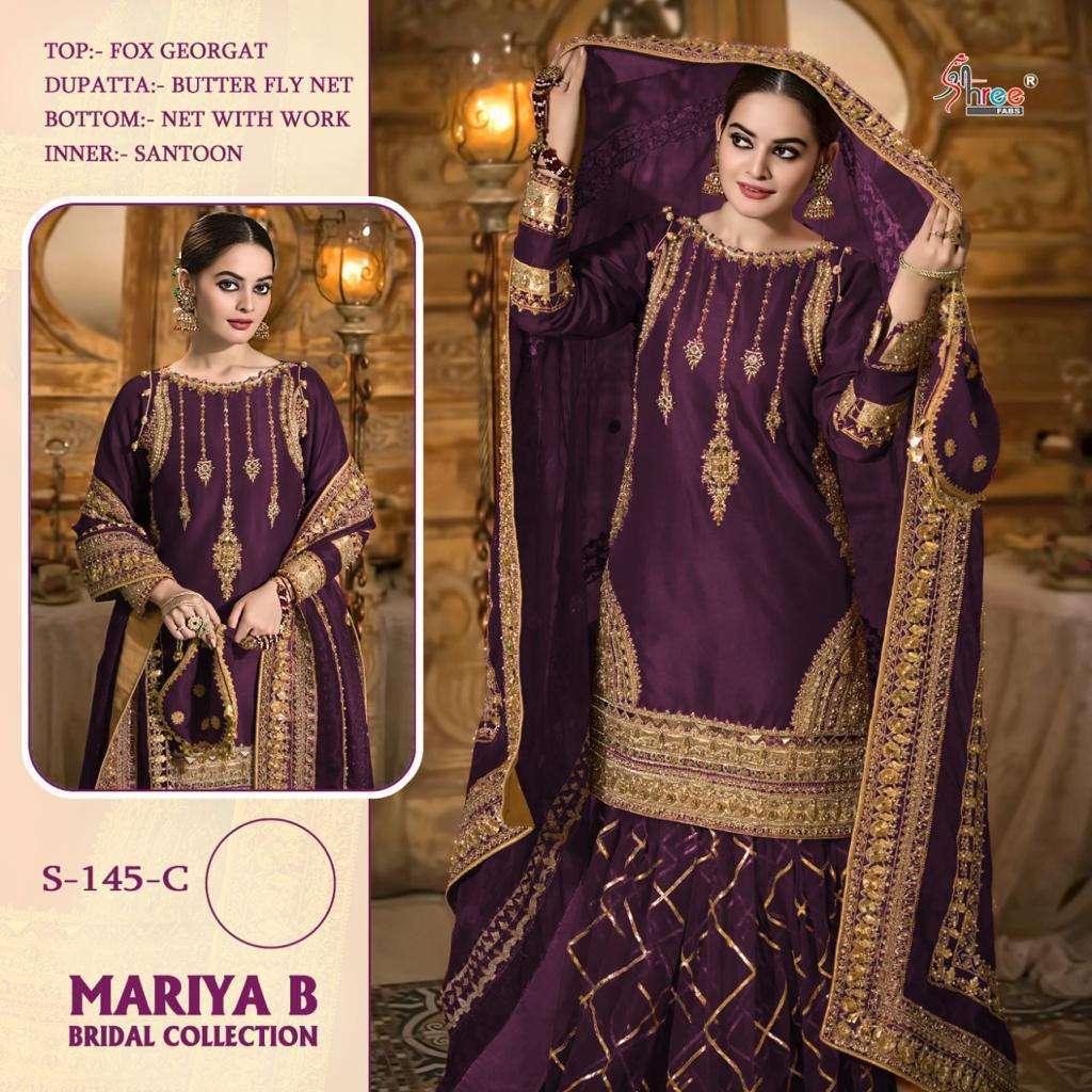 MARIA B BRIDAL COLLECTION BY SHREE FABS 145 TO 145-D SERIES DESIGNER FESTIVE PAKISTANI SUITS COLLECTION BEAUTIFUL STYLISH FANCY COLORFUL PARTY WEAR & OCCASIONAL WEAR HEAVY GEORGETTE WITH EMBROIDERED DRESSES AT WHOLESALE PRICE