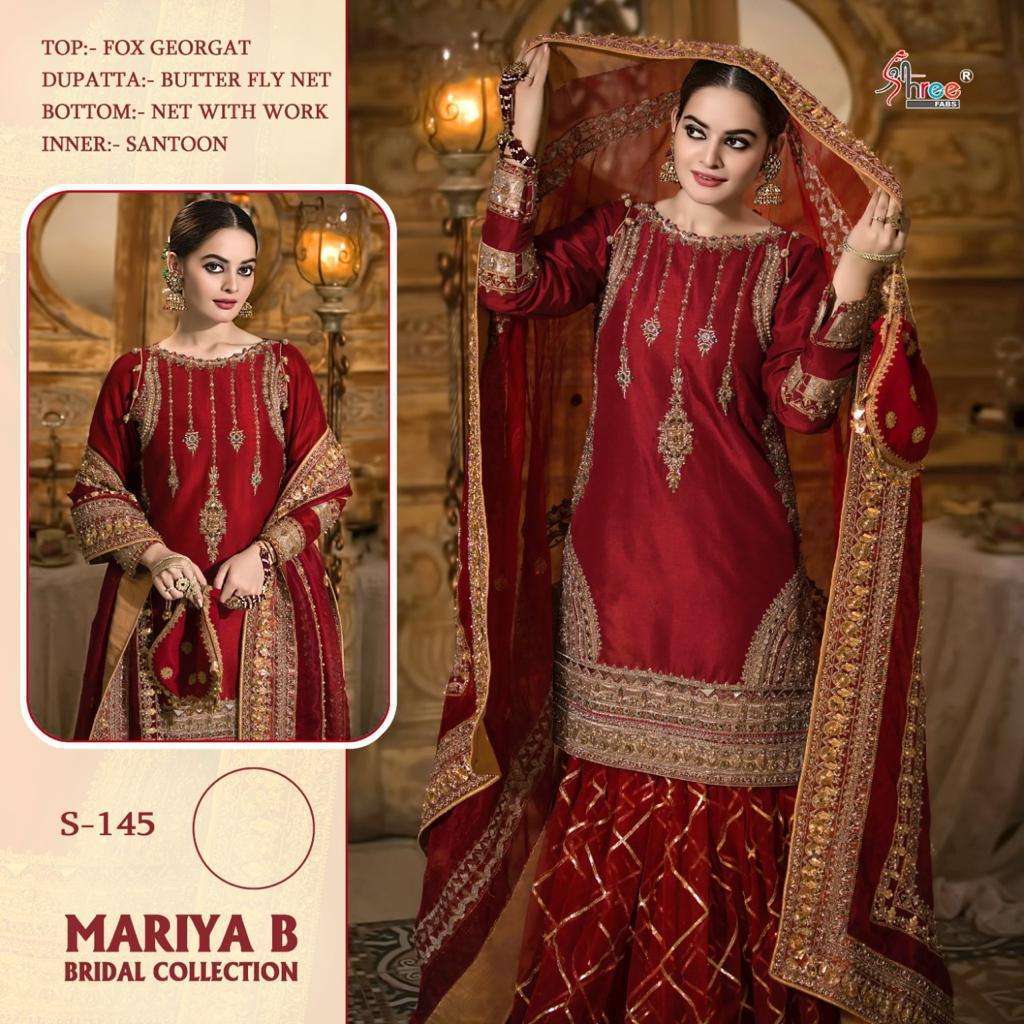 MARIA B BRIDAL COLLECTION BY SHREE FABS 145 TO 145-D SERIES DESIGNER FESTIVE PAKISTANI SUITS COLLECTION BEAUTIFUL STYLISH FANCY COLORFUL PARTY WEAR & OCCASIONAL WEAR HEAVY GEORGETTE WITH EMBROIDERED DRESSES AT WHOLESALE PRICE
