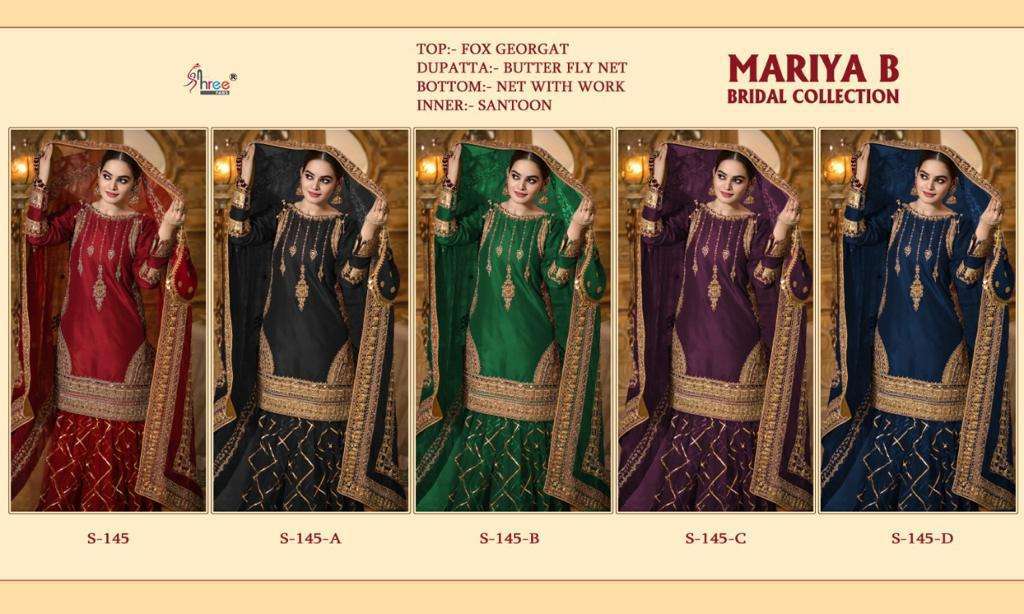 MARIA B BRIDAL COLLECTION BY SHREE FABS 145 TO 145-D SERIES DESIGNER FESTIVE PAKISTANI SUITS COLLECTION BEAUTIFUL STYLISH FANCY COLORFUL PARTY WEAR & OCCASIONAL WEAR HEAVY GEORGETTE WITH EMBROIDERED DRESSES AT WHOLESALE PRICE