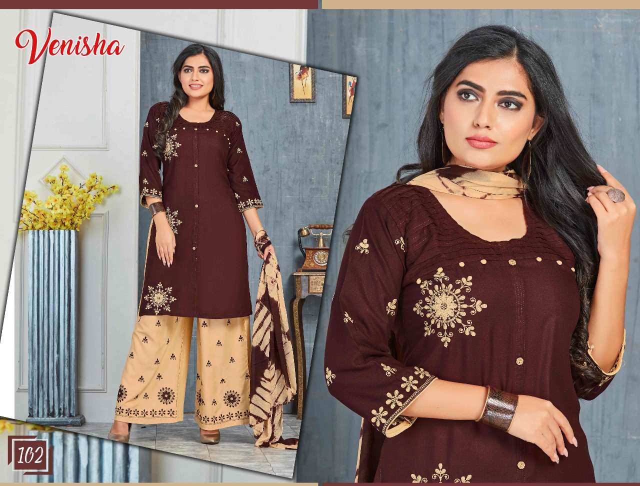 SRINAGAR BY VENISHA 101 TO 106 SERIES BEAUTIFUL SUITS STYLISH FANCY COLORFUL CASUAL WEAR & ETHNIC WEAR RAYON EMBROIDERED DRESSES AT WHOLESALE PRICE