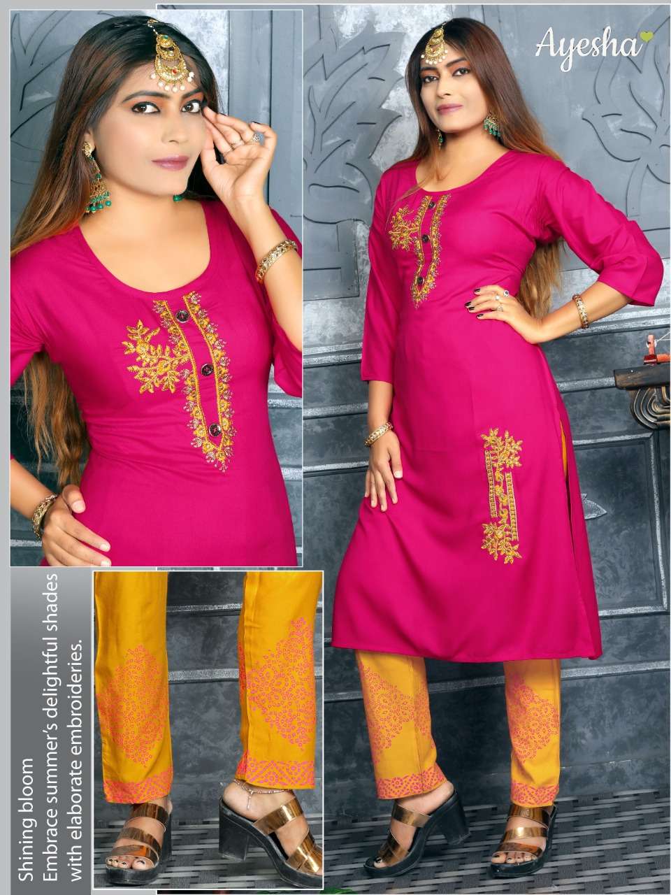 SHIVANI BY AYESHA 1001 TO 1006 SERIES BEAUTIFUL SUITS STYLISH FANCY COLORFUL CASUAL WEAR & ETHNIC WEAR RAYON EMBROIDERED KURTIS WITH BOTTOM AT WHOLESALE PRICE