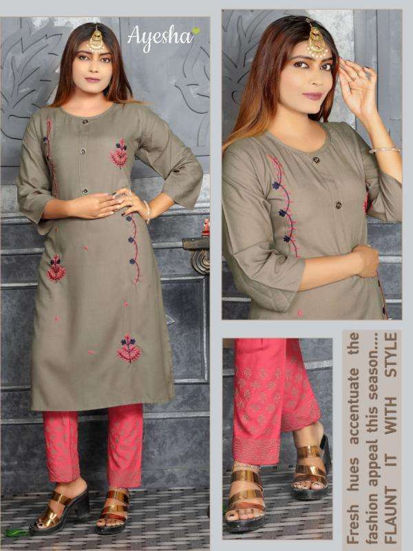SHIVANI BY AYESHA 1001 TO 1006 SERIES BEAUTIFUL SUITS STYLISH FANCY COLORFUL CASUAL WEAR & ETHNIC WEAR RAYON EMBROIDERED KURTIS WITH BOTTOM AT WHOLESALE PRICE
