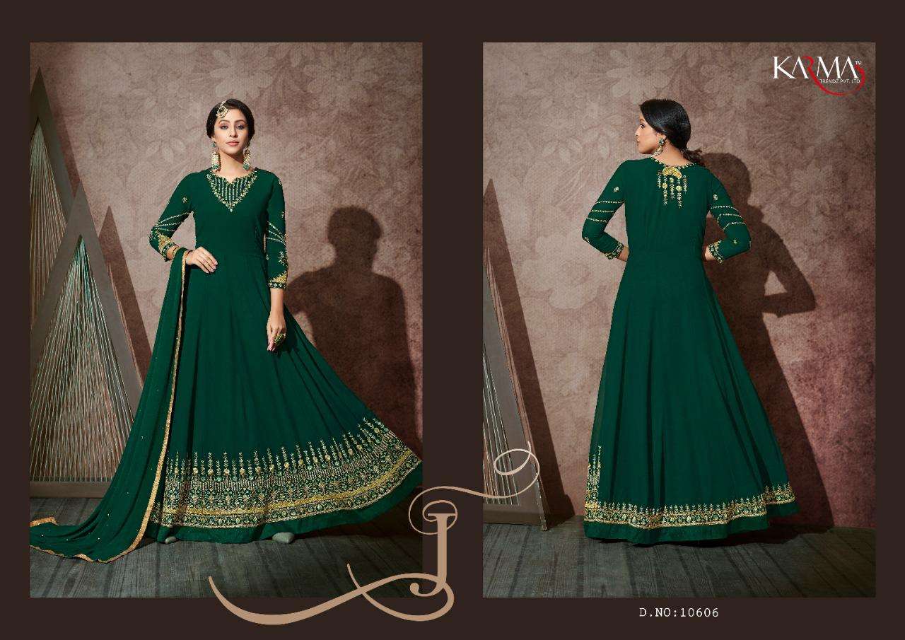 KARMA 10602 SERIES BY KARMA TRENDZ 10602 TO 10608 SERIES DESIGNER WEDDING COLLECTION BEAUTIFUL STYLISH FANCY COLORFUL PARTY WEAR & OCCASIONAL WEAR GEORGETTE EMBROIDERED DRESSES AT WHOLESALE PRICE