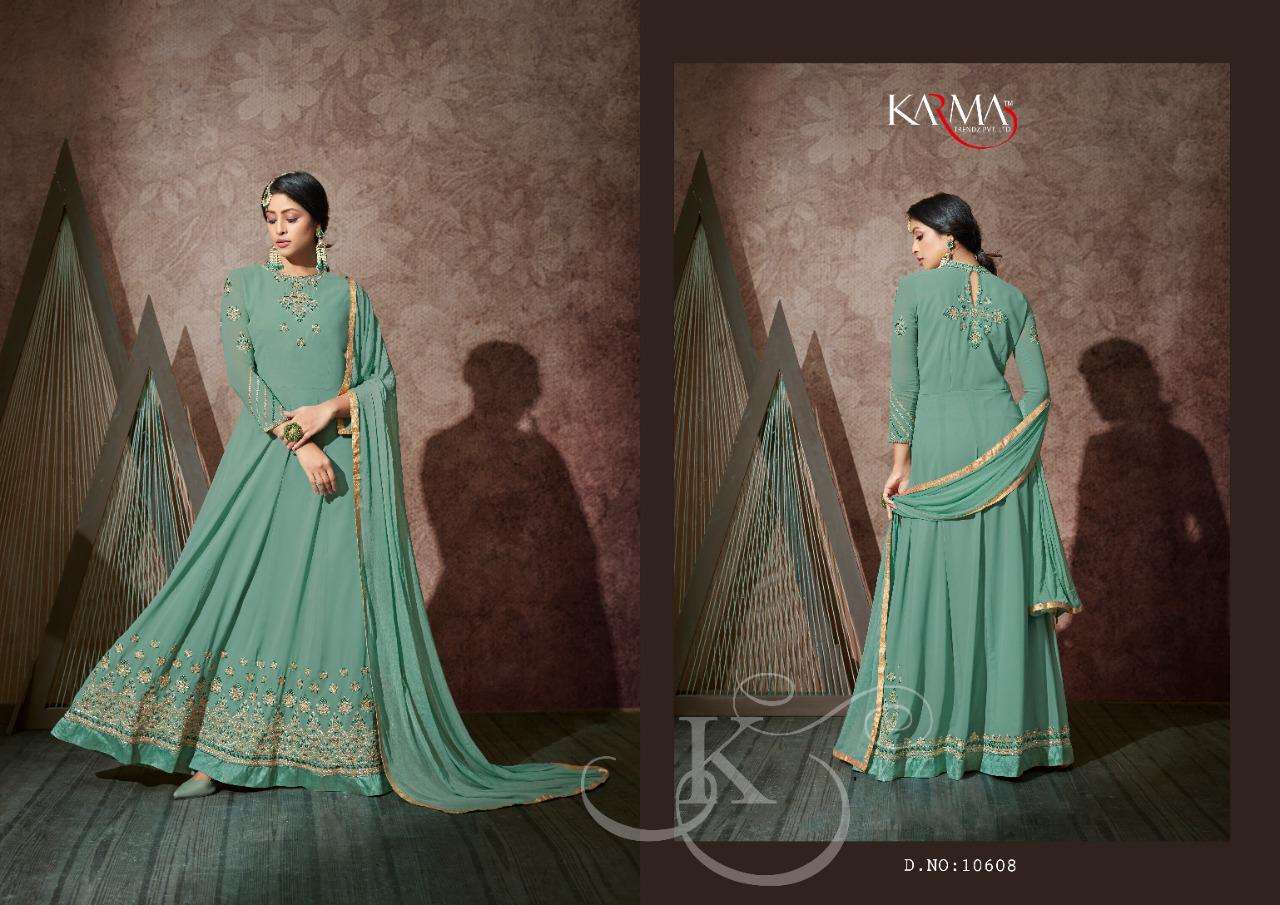 KARMA 10602 SERIES BY KARMA TRENDZ 10602 TO 10608 SERIES DESIGNER WEDDING COLLECTION BEAUTIFUL STYLISH FANCY COLORFUL PARTY WEAR & OCCASIONAL WEAR GEORGETTE EMBROIDERED DRESSES AT WHOLESALE PRICE