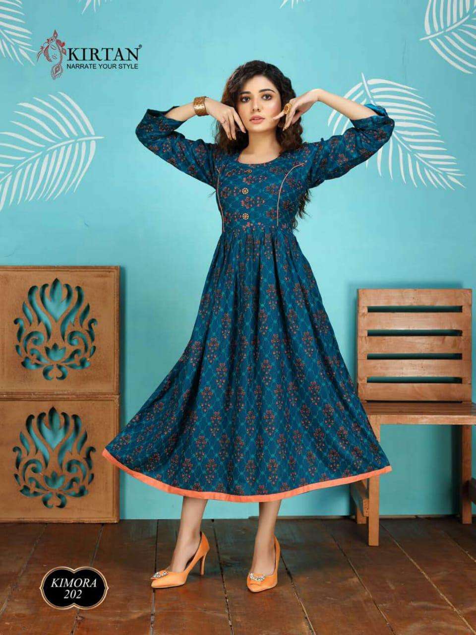 KIMORA VOL-2 BY KIRTAN 201 TO 208 SERIES BEAUTIFUL STYLISH FANCY COLORFUL CASUAL WEAR & ETHNIC WEAR & READY TO WEAR RAYON PRINT KURTIS AT WHOLESALE PRICE