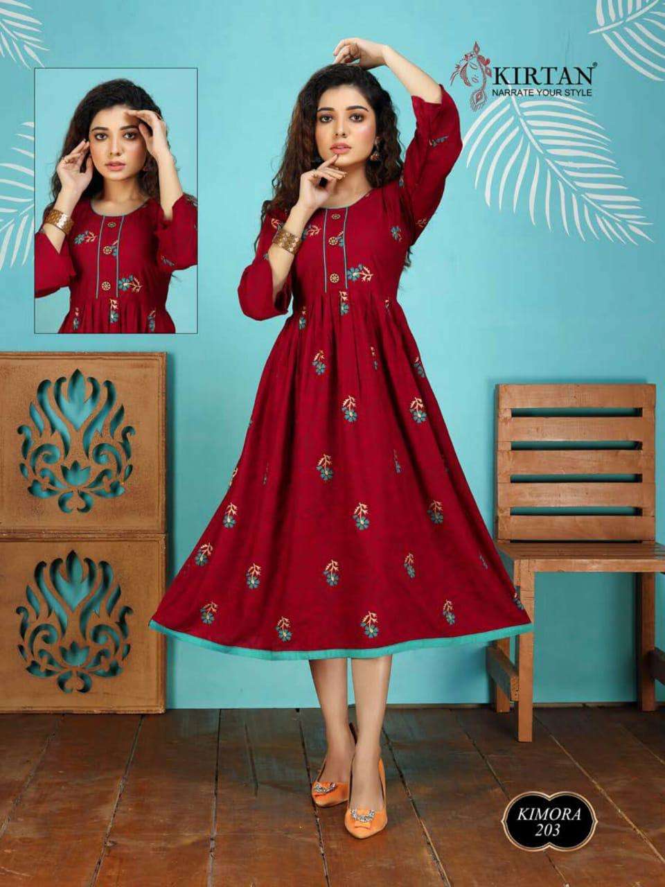 KIMORA VOL-2 BY KIRTAN 201 TO 208 SERIES BEAUTIFUL STYLISH FANCY COLORFUL CASUAL WEAR & ETHNIC WEAR & READY TO WEAR RAYON PRINT KURTIS AT WHOLESALE PRICE