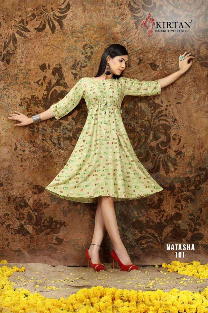 NATASHA BY KIRTAN 101 TO 108 SERIES BEAUTIFUL STYLISH FANCY COLORFUL CASUAL WEAR & ETHNIC WEAR & READY TO WEAR RAYON PRINT KURTIS AT WHOLESALE PRICE