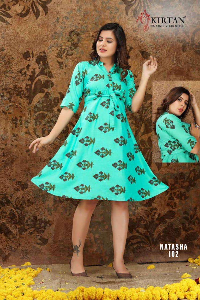 NATASHA BY KIRTAN 101 TO 108 SERIES BEAUTIFUL STYLISH FANCY COLORFUL CASUAL WEAR & ETHNIC WEAR & READY TO WEAR RAYON PRINT KURTIS AT WHOLESALE PRICE