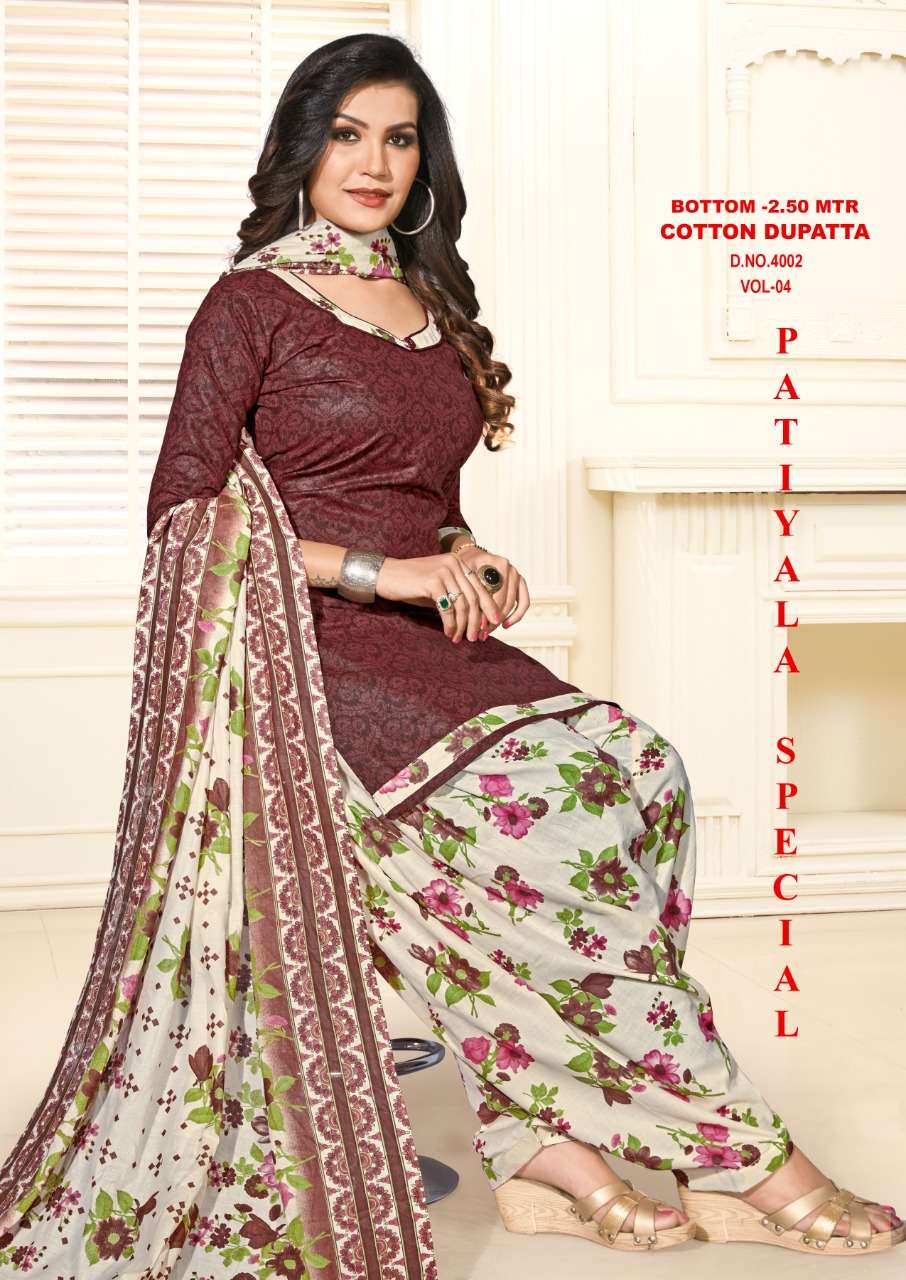 PATIYALA SPECIAL VOL-4 BY VANDANA 4001 TO 4012 SERIES BEAUTIFUL PATIYALA SUITS STYLISH FANCY COLORFUL PARTY WEAR & OCCASIONAL WEAR COTTON PRINTED DRESSES AT WHOLESALE PRICE