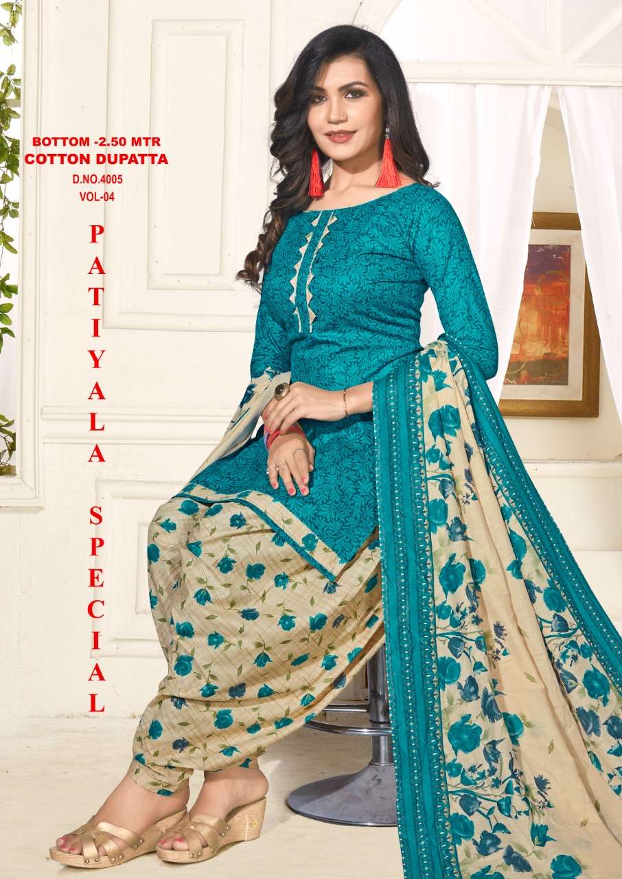 PATIYALA SPECIAL VOL-4 BY VANDANA 4001 TO 4012 SERIES BEAUTIFUL PATIYALA SUITS STYLISH FANCY COLORFUL PARTY WEAR & OCCASIONAL WEAR COTTON PRINTED DRESSES AT WHOLESALE PRICE