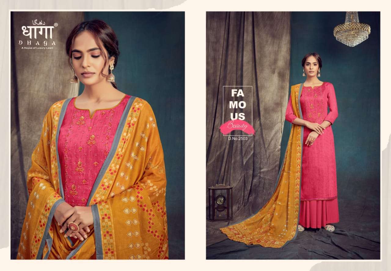 SAANJ BY DHAGA 2501 TO 2506 SERIES BEAUTIFUL STYLISH PAKISATNI SUITS FANCY COLORFUL CASUAL WEAR & ETHNIC WEAR & READY TO WEAR PURE JAM PRINT WITH EMBROIDERED DRESSES AT WHOLESALE PRICE