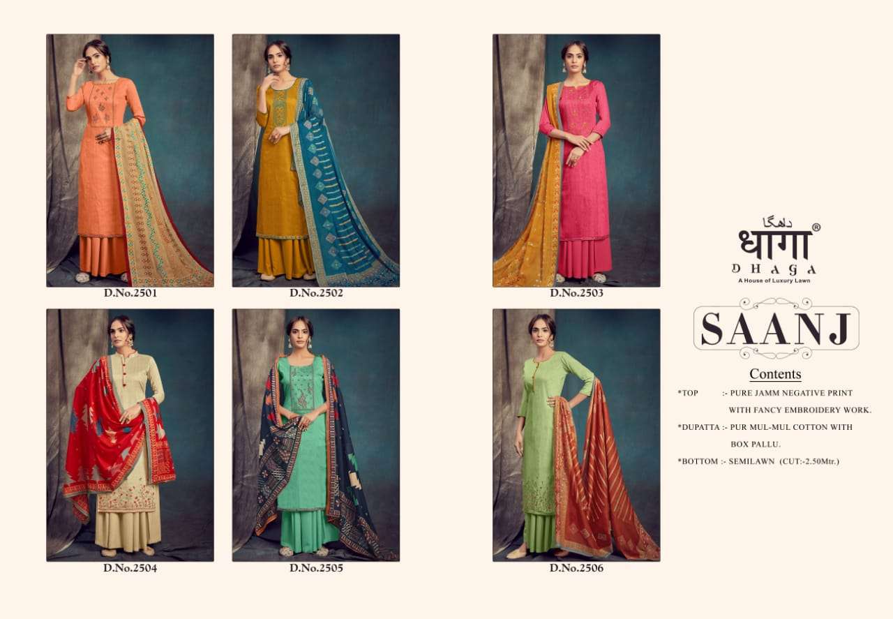 SAANJ BY DHAGA 2501 TO 2506 SERIES BEAUTIFUL STYLISH PAKISATNI SUITS FANCY COLORFUL CASUAL WEAR & ETHNIC WEAR & READY TO WEAR PURE JAM PRINT WITH EMBROIDERED DRESSES AT WHOLESALE PRICE