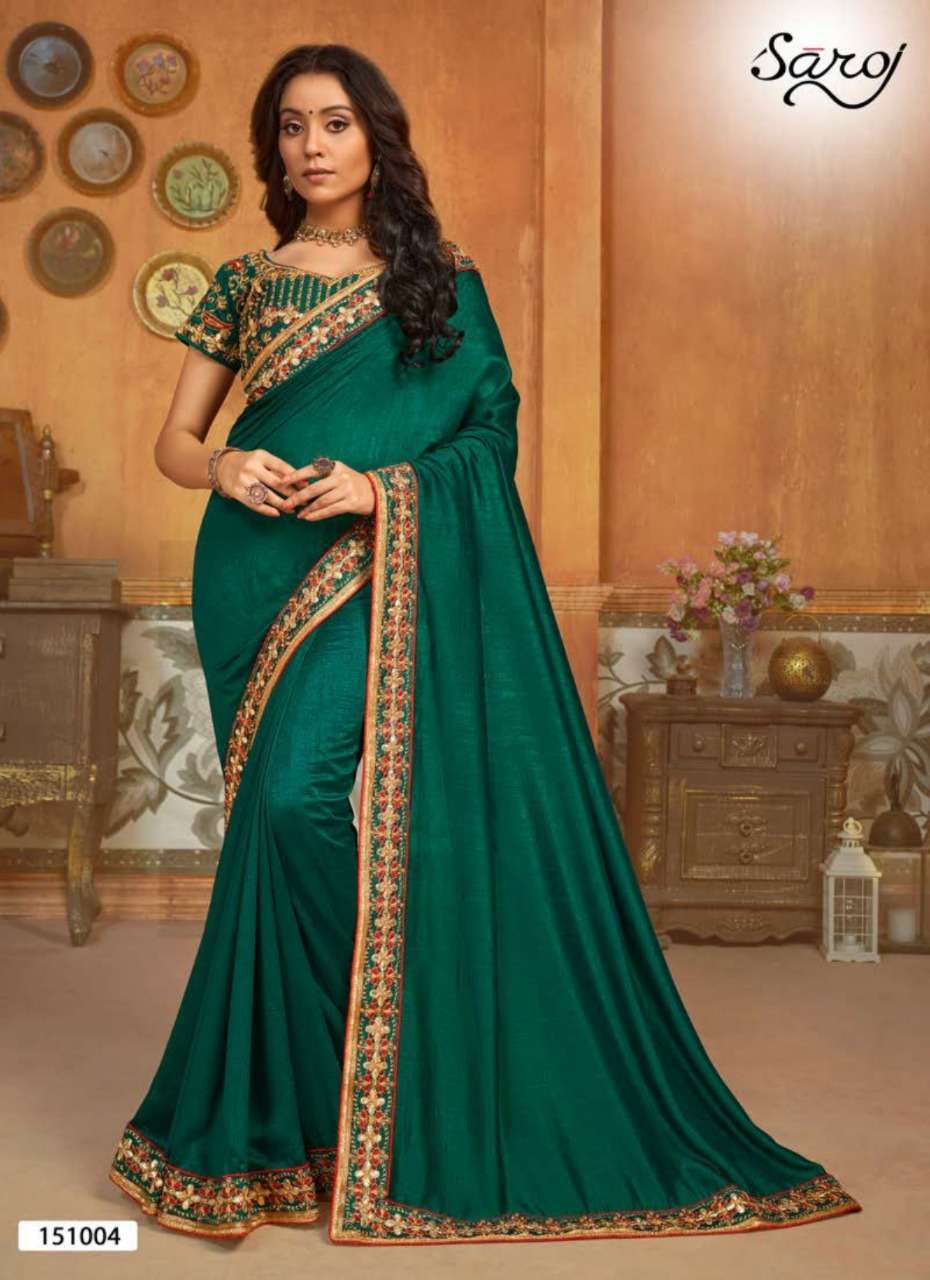 HAST KALA BY SAROJ 151001 TO 151006 SERIES INDIAN TRADITIONAL WEAR COLLECTION BEAUTIFUL STYLISH FANCY COLORFUL PARTY WEAR & OCCASIONAL WEAR VICHITRA SILK EMBROIDERED SAREES AT WHOLESALE PRICE