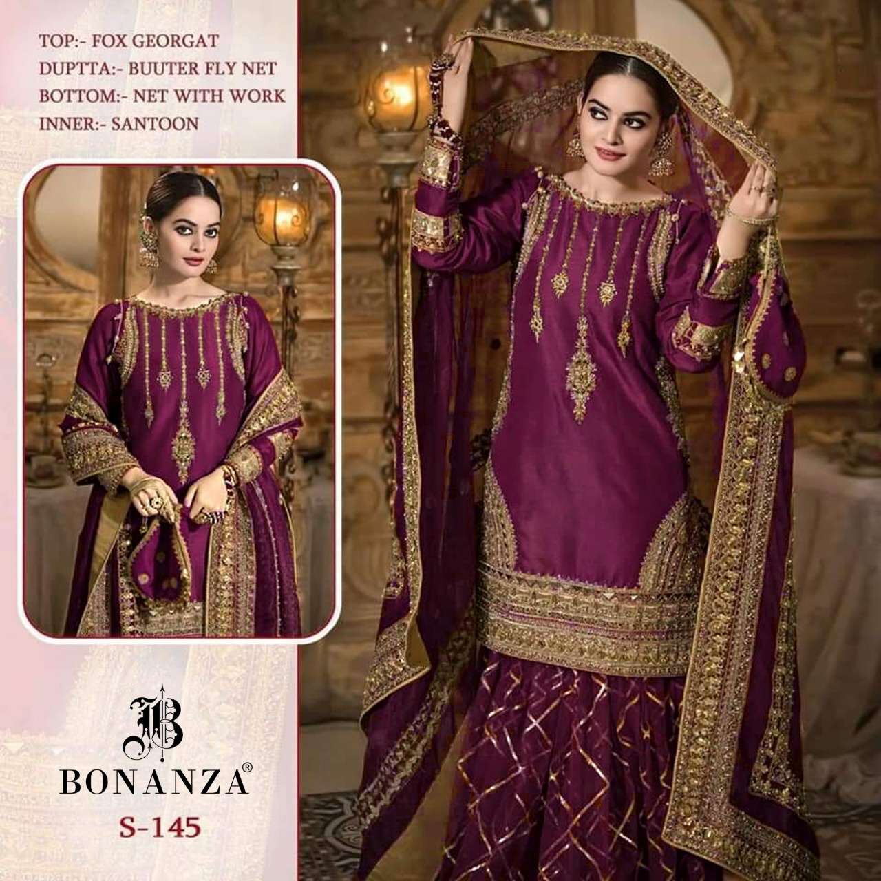QUEEN VOL-1 BY BONANZA 145-A TO 145-D SERIES BEAUTIFUL SUITS STYLISH FANCY COLORFUL CASUAL WEAR & ETHNIC WEAR FAUX GEORGETTE WITH EMBROIDERY DRESSES AT WHOLESALE PRICE