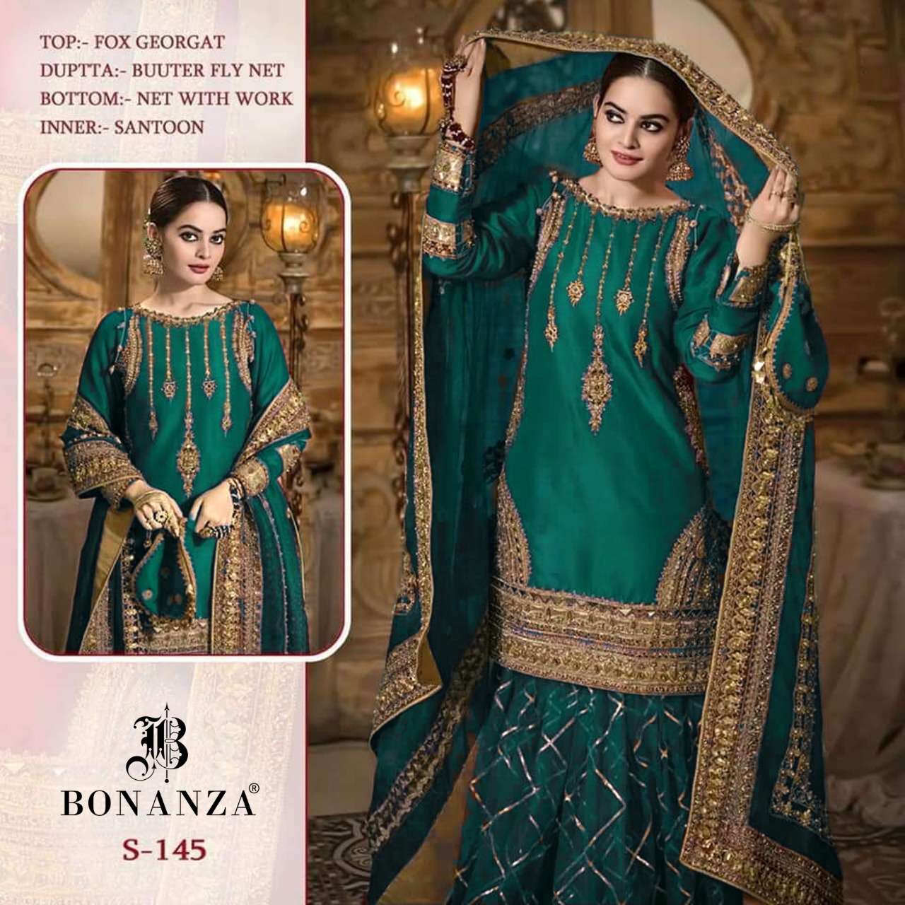 QUEEN VOL-1 BY BONANZA 145-A TO 145-D SERIES BEAUTIFUL SUITS STYLISH FANCY COLORFUL CASUAL WEAR & ETHNIC WEAR FAUX GEORGETTE WITH EMBROIDERY DRESSES AT WHOLESALE PRICE