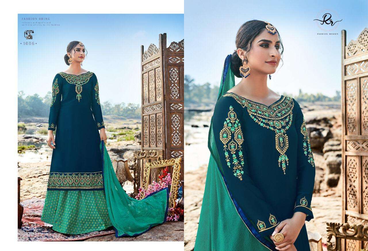 RISHIRAJ VOL-1 BY RISHIRAJ 1001 TO 1006 SERIES BEAUTIFUL SUITS STYLISH FANCY COLORFUL CASUAL WEAR & ETHNIC WEAR SATIN GEORGETTE WITH EMBROIDERY DRESSES AT WHOLESALE PRICE