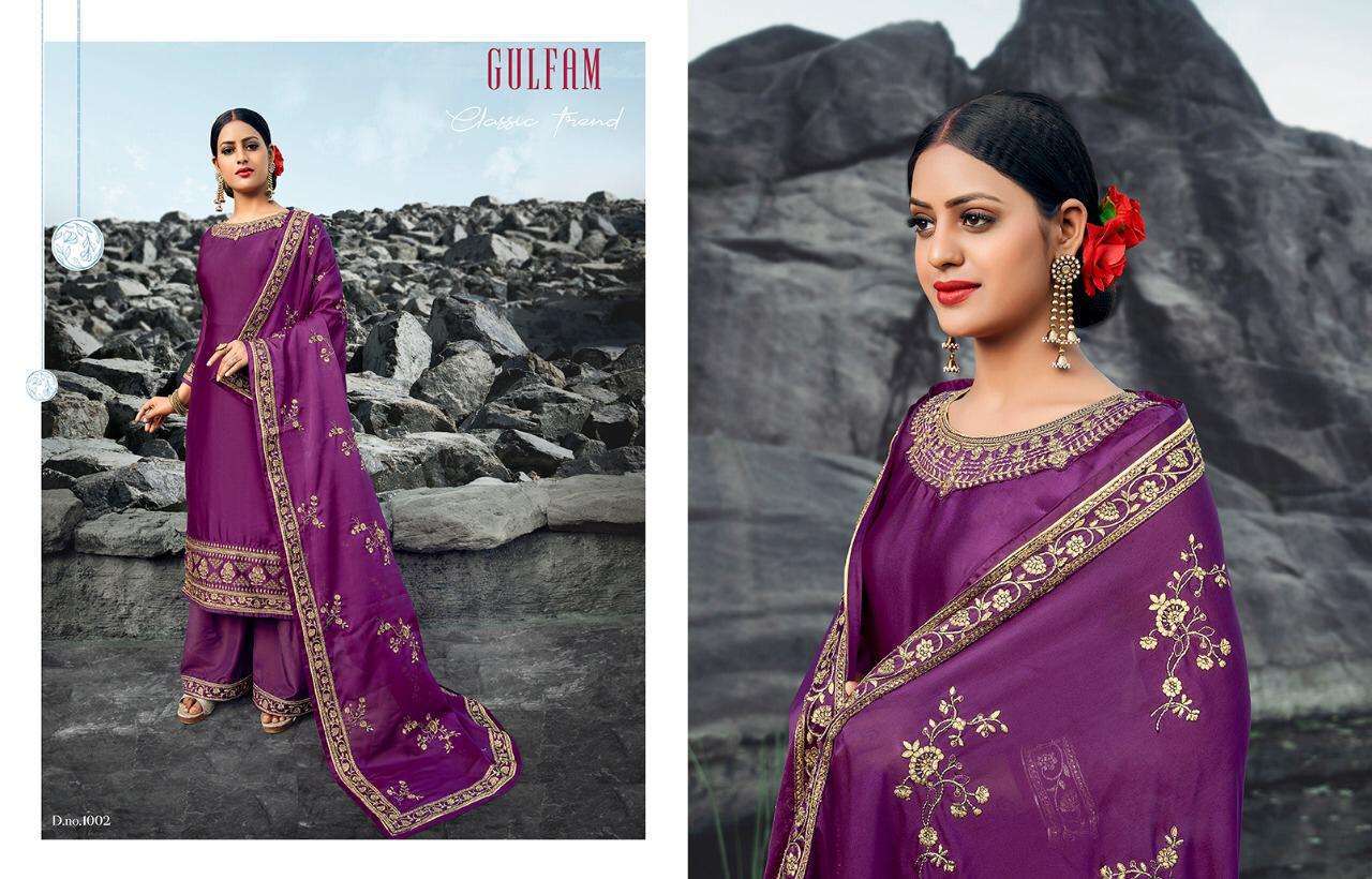 GULFAM BY TASLIM 1001 TO 1005 SERIES BEAUTIFUL SUITS COLORFUL STYLISH FANCY CASUAL WEAR & ETHNIC WEAR SATIN GEORGETTE EMBROIDERED DRESSES AT WHOLESALE PRICE