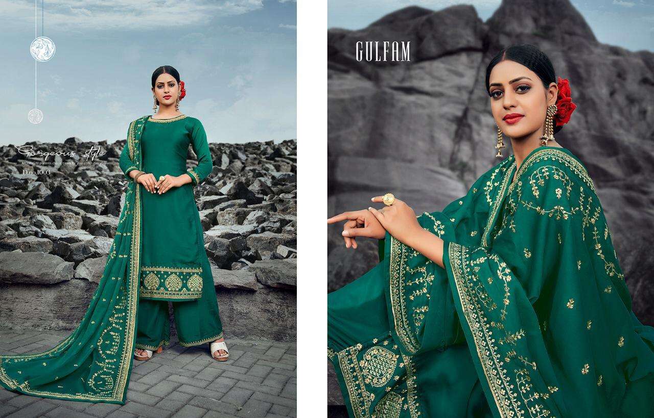 GULFAM BY TASLIM 1001 TO 1005 SERIES BEAUTIFUL SUITS COLORFUL STYLISH FANCY CASUAL WEAR & ETHNIC WEAR SATIN GEORGETTE EMBROIDERED DRESSES AT WHOLESALE PRICE