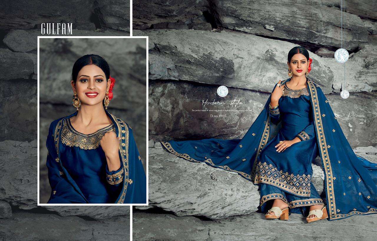 GULFAM BY TASLIM 1001 TO 1005 SERIES BEAUTIFUL SUITS COLORFUL STYLISH FANCY CASUAL WEAR & ETHNIC WEAR SATIN GEORGETTE EMBROIDERED DRESSES AT WHOLESALE PRICE