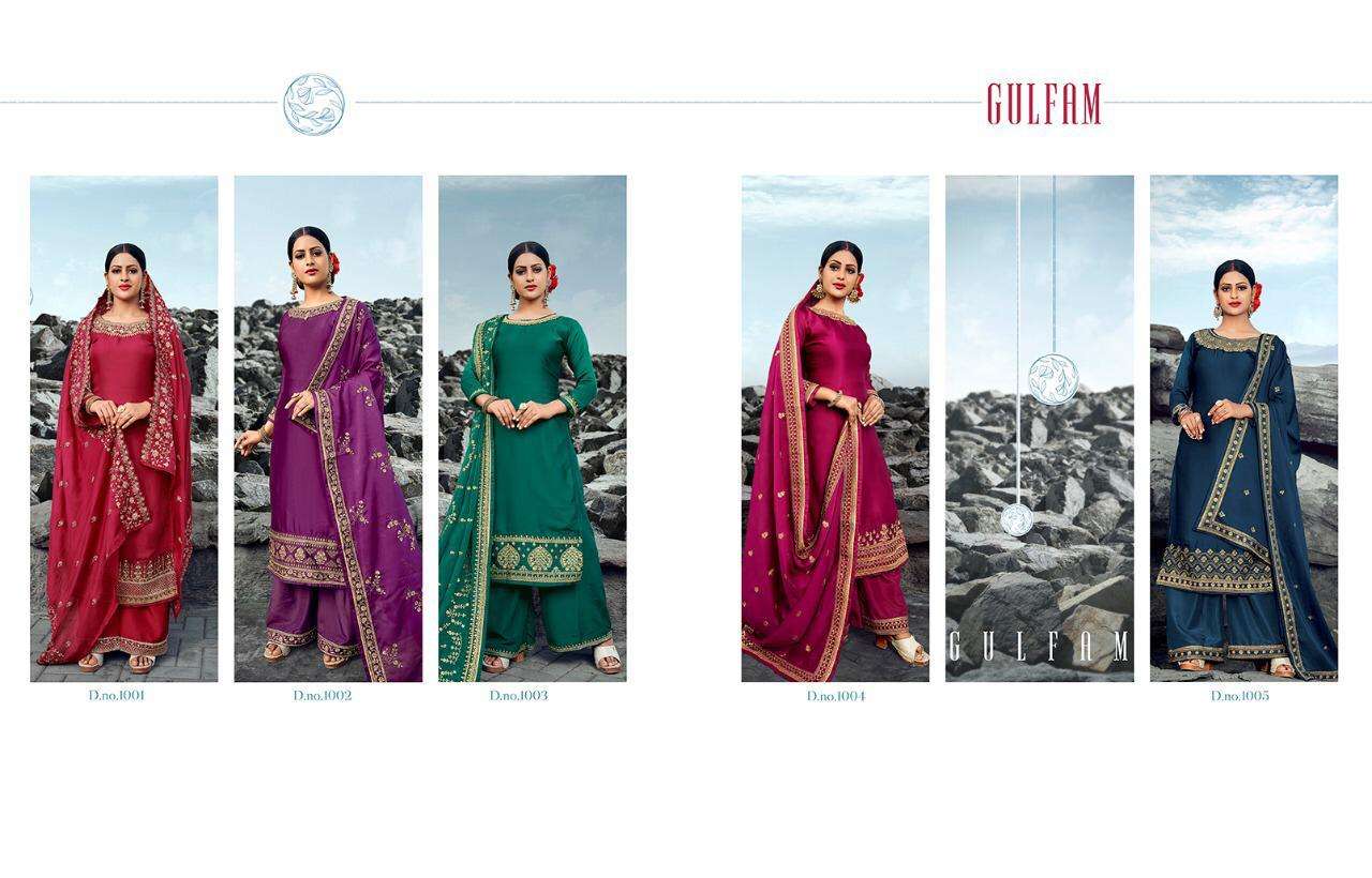 GULFAM BY TASLIM 1001 TO 1005 SERIES BEAUTIFUL SUITS COLORFUL STYLISH FANCY CASUAL WEAR & ETHNIC WEAR SATIN GEORGETTE EMBROIDERED DRESSES AT WHOLESALE PRICE