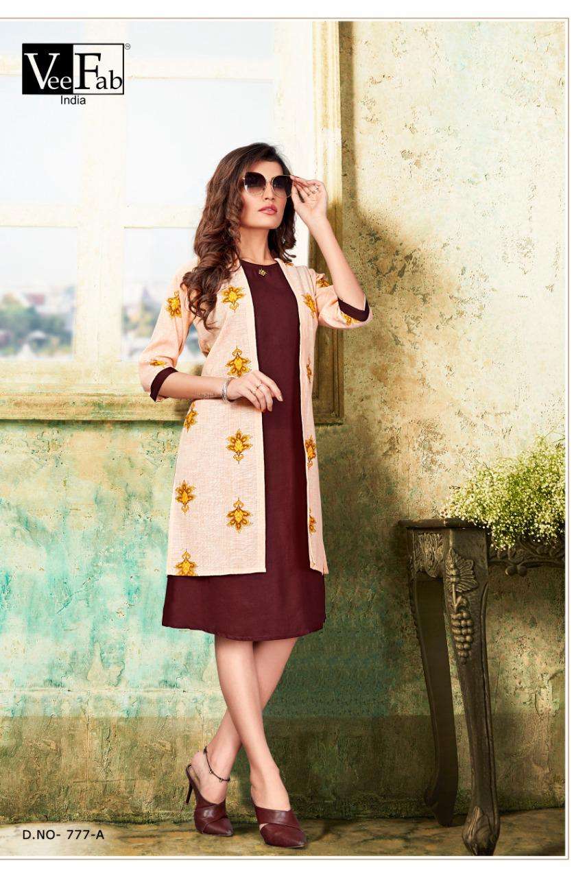 FEMINA BY VEE FAB 777-A TO 777-D SERIES STYLISH FANCY BEAUTIFUL COLORFUL CASUAL WEAR & ETHNIC WEAR RAYON KURTIS WITH JACKETS AT WHOLESALE PRICE