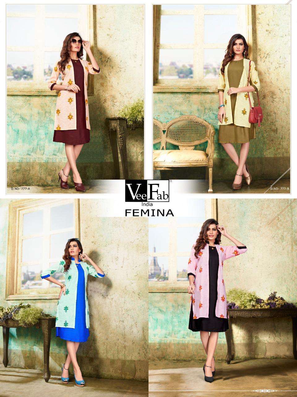FEMINA BY VEE FAB 777-A TO 777-D SERIES STYLISH FANCY BEAUTIFUL COLORFUL CASUAL WEAR & ETHNIC WEAR RAYON KURTIS WITH JACKETS AT WHOLESALE PRICE
