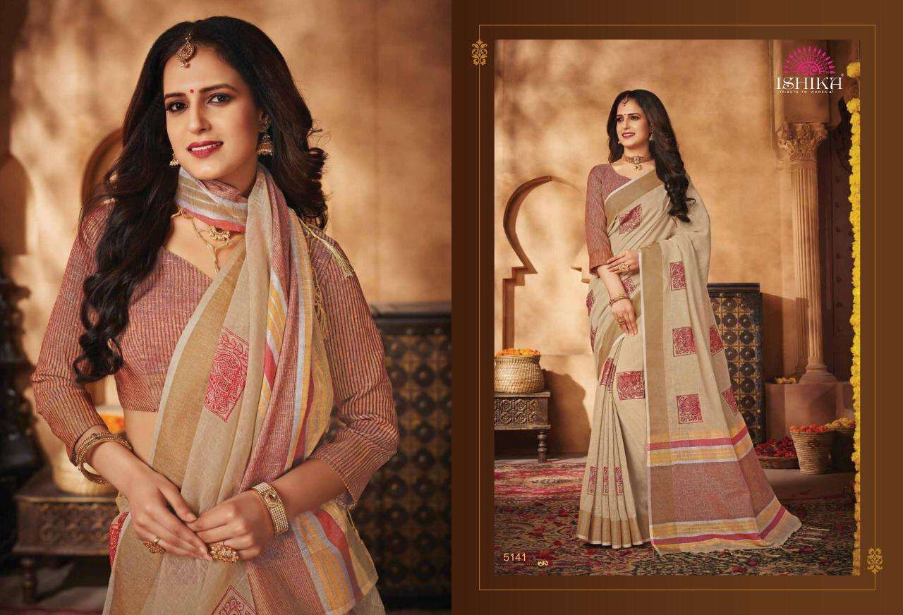 VIRASAT BY ISHIKA 5141 TO 5148 SERIES INDIAN TRADITIONAL WEAR COLLECTION BEAUTIFUL STYLISH FANCY COLORFUL PARTY WEAR & OCCASIONAL WEAR LINEN SAREES AT WHOLESALE PRICE