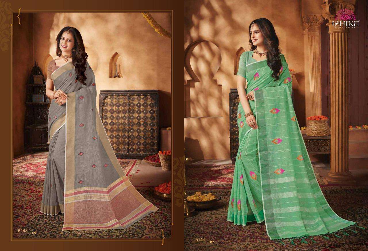 VIRASAT BY ISHIKA 5141 TO 5148 SERIES INDIAN TRADITIONAL WEAR COLLECTION BEAUTIFUL STYLISH FANCY COLORFUL PARTY WEAR & OCCASIONAL WEAR LINEN SAREES AT WHOLESALE PRICE