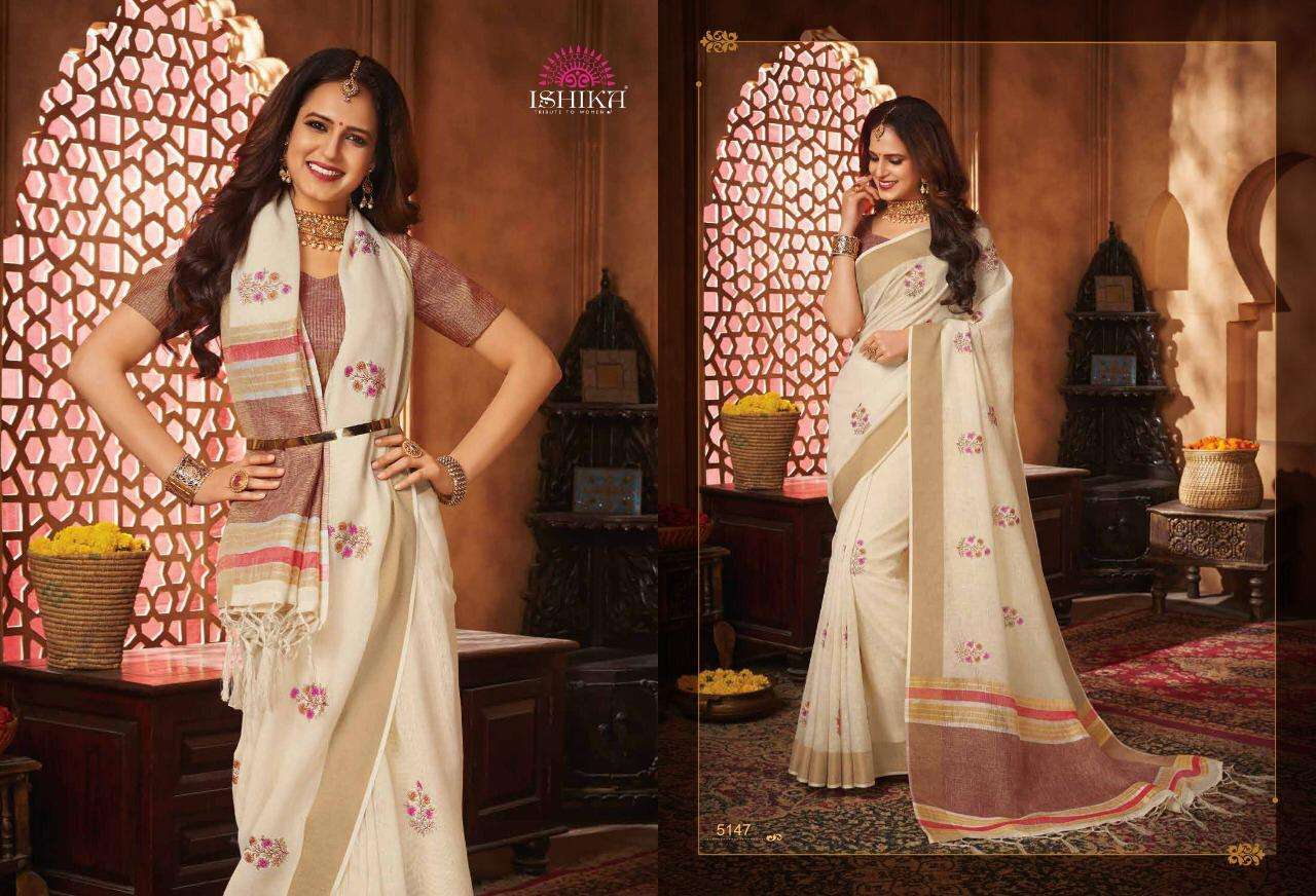 VIRASAT BY ISHIKA 5141 TO 5148 SERIES INDIAN TRADITIONAL WEAR COLLECTION BEAUTIFUL STYLISH FANCY COLORFUL PARTY WEAR & OCCASIONAL WEAR LINEN SAREES AT WHOLESALE PRICE