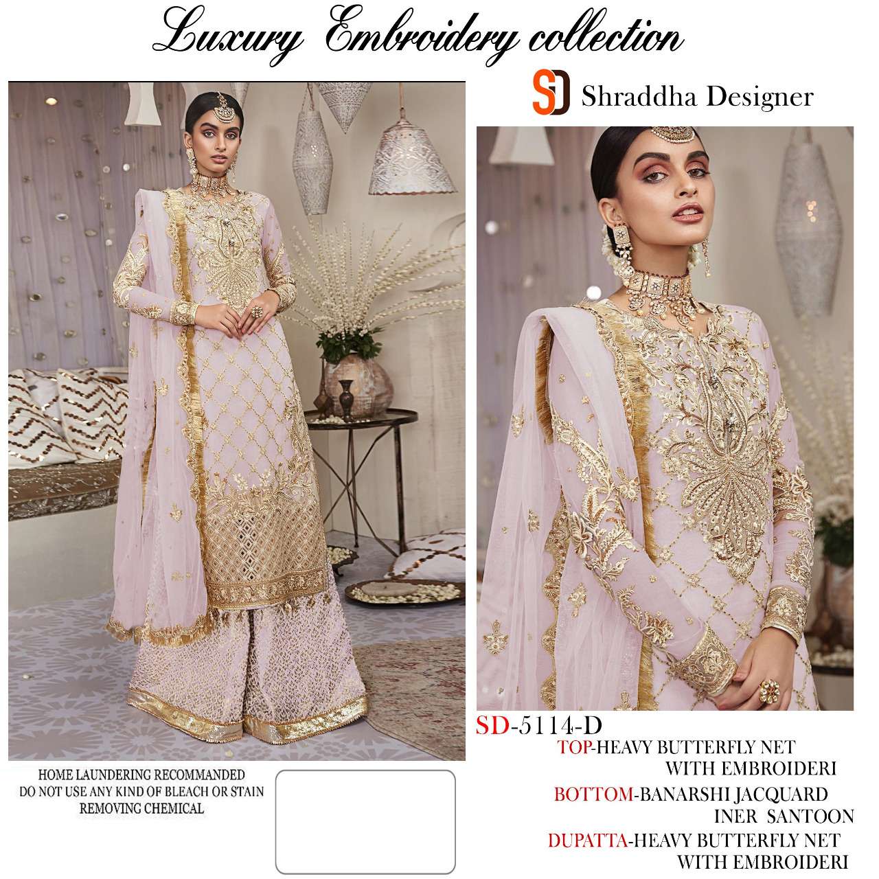 LUXURY EMBROIDERED COLLECTION BY SHRADDHA DESIGNER 5114-A TO 5114-D SERIES BEAUTIFUL PAKISTANI SUITS COLORFUL STYLISH FANCY CASUAL WEAR & ETHNIC WEAR HEAVY BUTTERFLY NET EMBROIDERED DRESSES AT WHOLESALE PRICE