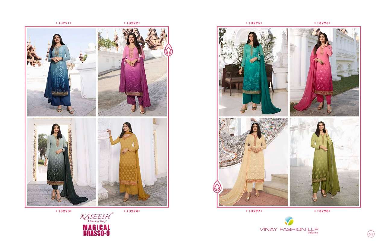 MAGICAL BRASSO VOL-9 BY VINAY FASHION 13291 TO 13298 SERIES BEAUTIFUL STYLISH SUITS FANCY COLORFUL CASUAL WEAR & ETHNIC WEAR & READY TO WEAR BRASSO EMBROIDERED DRESSES AT WHOLESALE PRICE