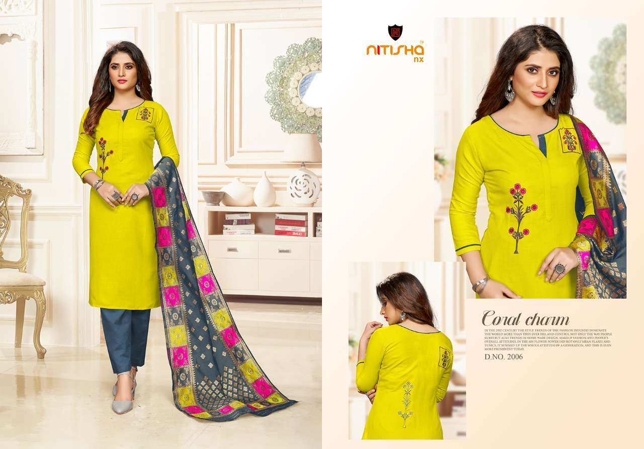 FEMINA VOL-2 BY NITISHA NX 2001 TO 2006 SERIES DESIGNER BEAUTIFUL SUITS COLORFUL STYLISH FANCY CASUAL WEAR & ETHNIC WEAR HEAVY COTTON SLUB WORK DRESSES AT WHOLESALE PRICE