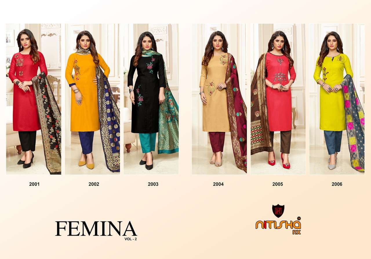 FEMINA VOL-2 BY NITISHA NX 2001 TO 2006 SERIES DESIGNER BEAUTIFUL SUITS COLORFUL STYLISH FANCY CASUAL WEAR & ETHNIC WEAR HEAVY COTTON SLUB WORK DRESSES AT WHOLESALE PRICE