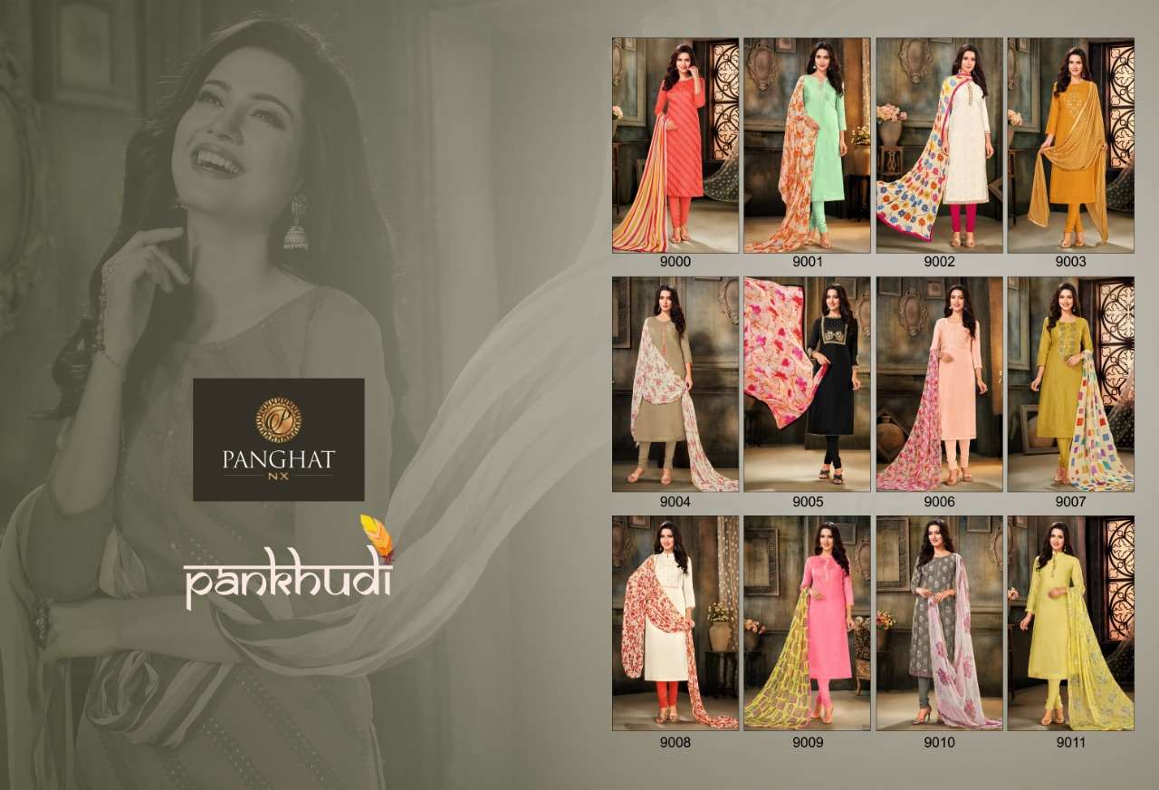 PANKHUDI BY PANGHAT NX 9000 TO 9011 SERIES BEAUTIFUL STYLISH SUITS FANCY COLORFUL CASUAL WEAR & ETHNIC WEAR & READY TO WEAR CHANDERI COTTON WITH EMBROIDERY DRESSES AT WHOLESALE PRICE