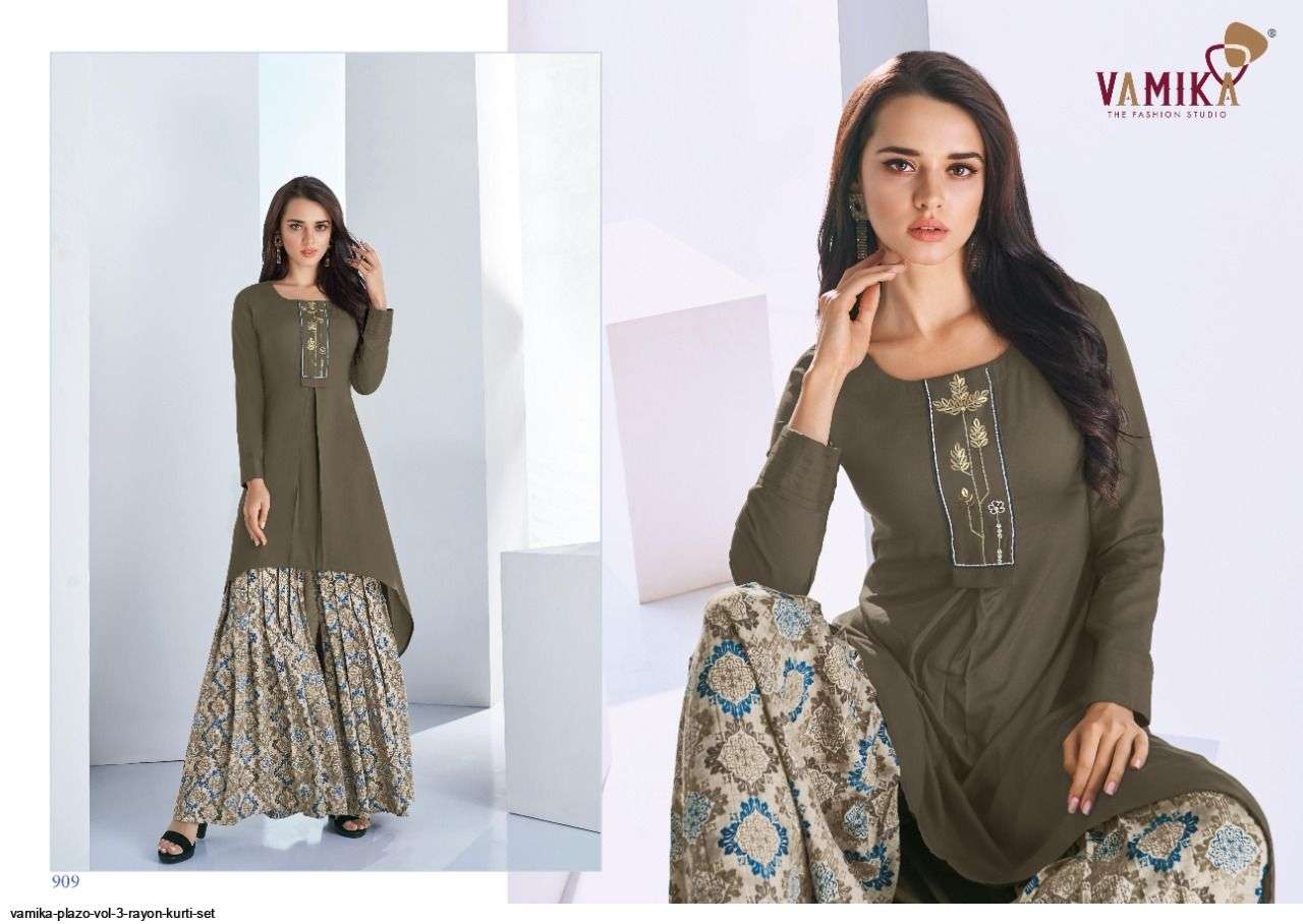 STOCK PLAZO VOL-3 BY VAMIKA FASHION 909 TO 915 SERIES STYLISH FANCY BEAUTIFUL COLORFUL CASUAL WEAR & ETHNIC WEAR RAYON 14 KG PRINTED KURTIS AT WHOLESALE PRICE