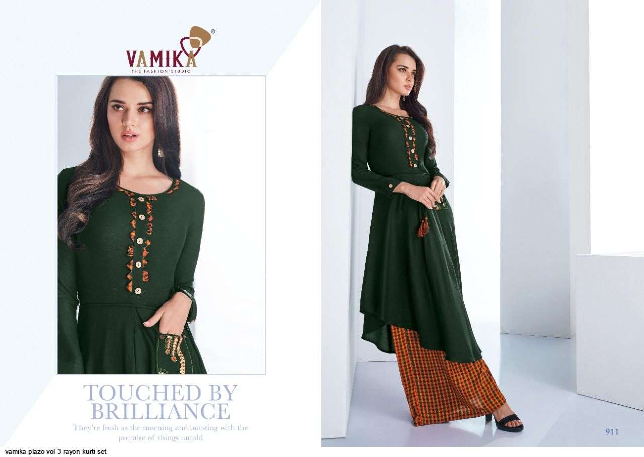 STOCK PLAZO VOL-3 BY VAMIKA FASHION 909 TO 915 SERIES STYLISH FANCY BEAUTIFUL COLORFUL CASUAL WEAR & ETHNIC WEAR RAYON 14 KG PRINTED KURTIS AT WHOLESALE PRICE