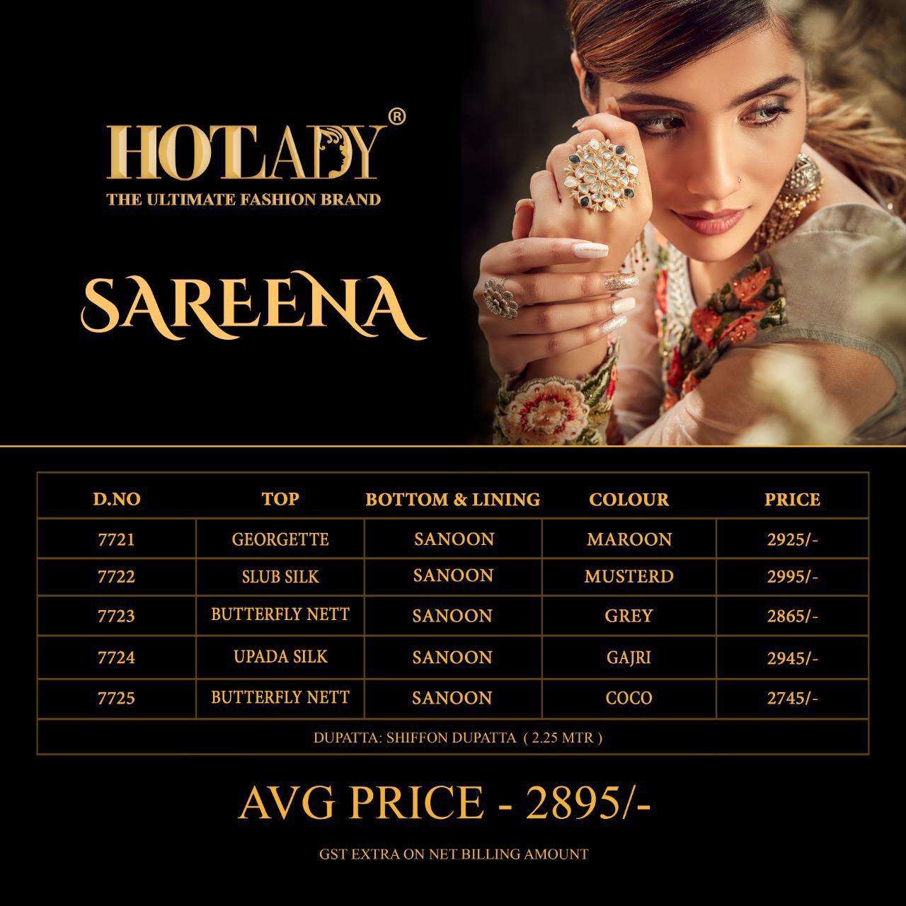 SAREENA BY HOT LADY 7721 TO 7725 SERIES BEAUTIFUL STYLISH SUITS FANCY COLORFUL CASUAL WEAR & ETHNIC WEAR & READY TO WEAR GEORGETTE/SILK/NET EMBROIDERY DRESSES AT WHOLESALE PRICE